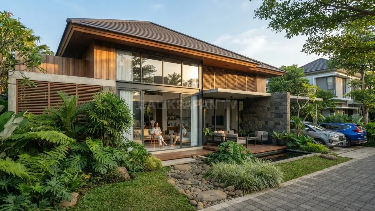 Desain arsitektur rumah tropis modern memadukan estetika, kenyamanan, pencahayaan alami, taman hijau harmonis berkelanjutan (BTV.AI)