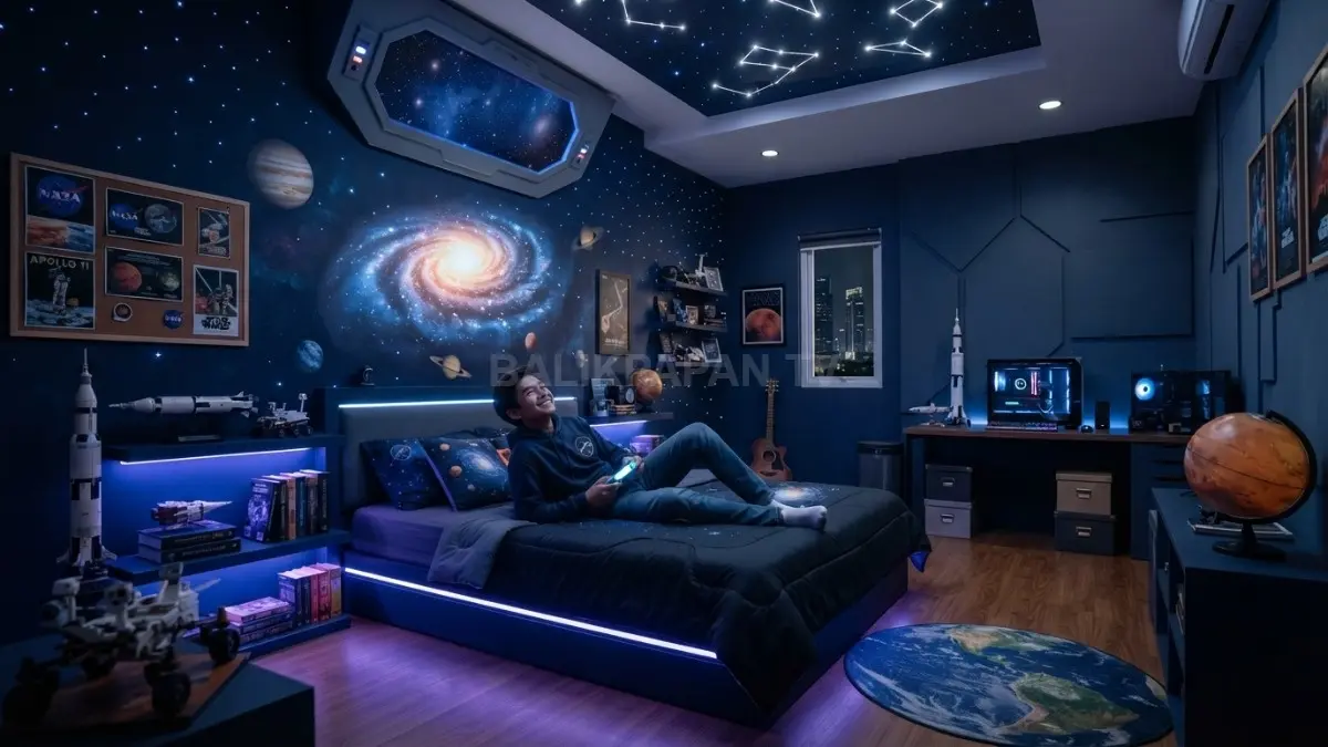 Desain kamar ala luar angkasa menciptakan pengalaman tidur unik dengan nuansa galaksi yang menenangkan dan modern. (BTV/AI)