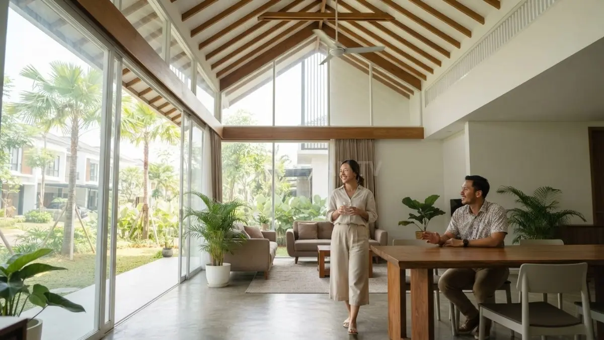 Desain langit-langit tinggi menggantikan plafon datar untuk meningkatkan kenyamanan sirkulasi udara alami dalam hunian modern (BTV/AI)