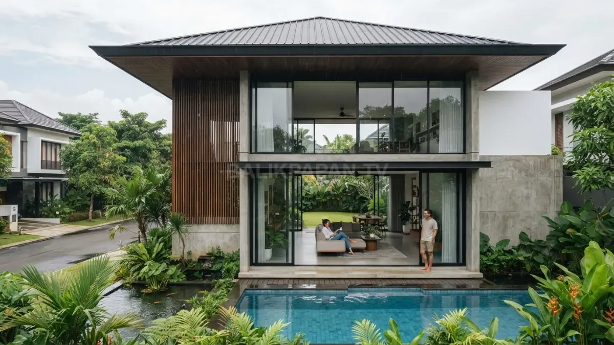 Desain tropis modern menghadirkan ventilasi silang, jendela lebar, dan atap adaptif menghadapi iklim Indonesia (BTV/AI)