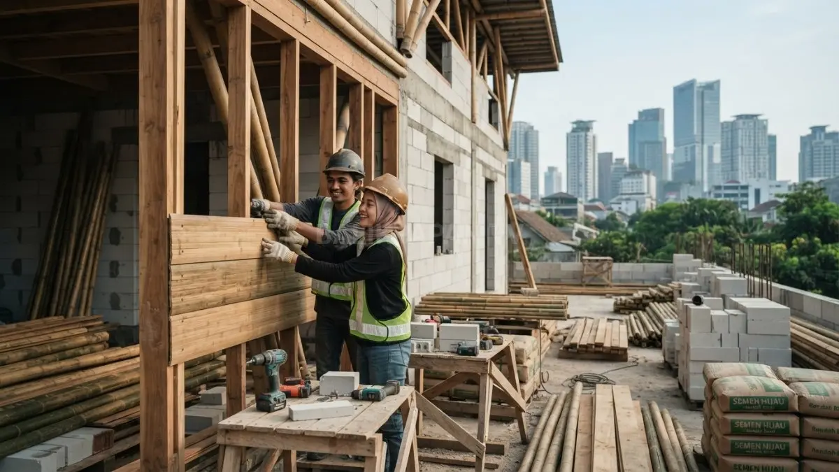 "Dua pekerja sedang memasang panel kayu pada bangunan yang masih dalam tahap konstruksi." (BTV/AI)
