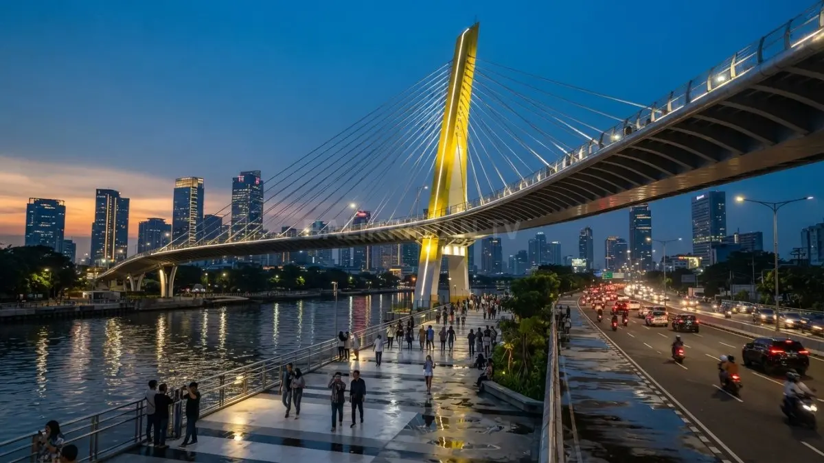 Estetika jembatan memperkuat identitas daerah melalui desain modern, pencahayaan artistik, dan bentuk ikonik yang memukau (BTV/AI).