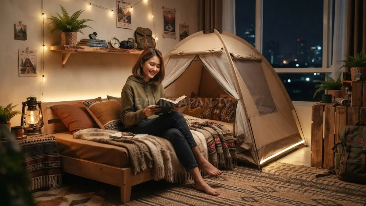 Estimasi biaya dekorasi kamar car camping dengan furnitur kayu, lampu hangat, dan nuansa alam modern (BTV/AI)
