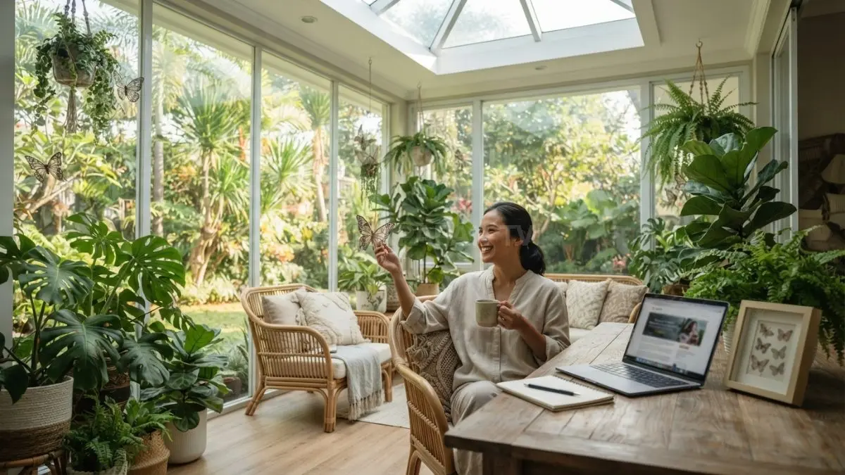Estimasi biaya dekorasi rumah kaca mencakup panel kaca, tanaman, furnitur elegan, dan ornamen kupu-kupu alami (BTV/AI)
