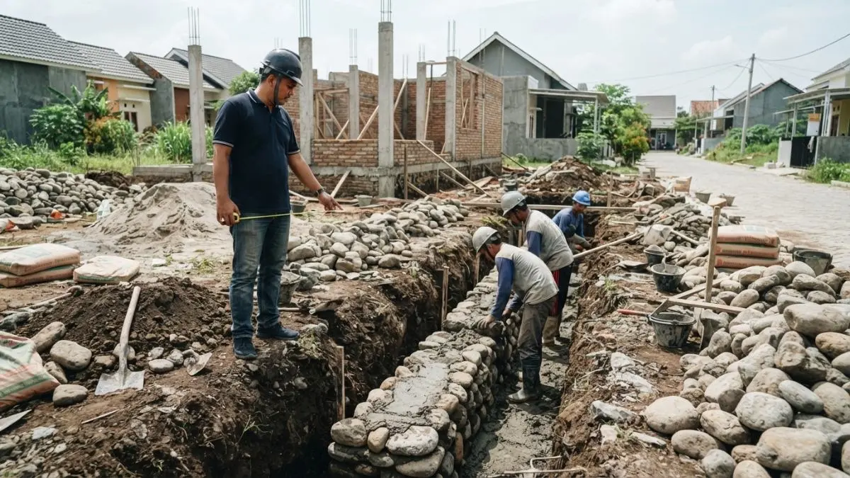 Fondasi batu kali ideal untuk rumah satu lantai karena kuat, ekonomis, dan cocok pada tanah stabil (BTV/AI)