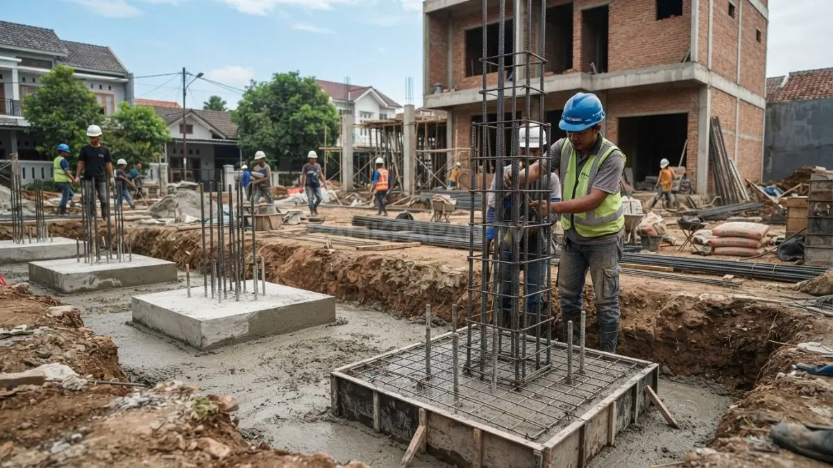 Fondasi tapak menggunakan pelat beton bertulang, ideal menopang rumah bertingkat dengan beban besar secara optimal (BTV/AI)