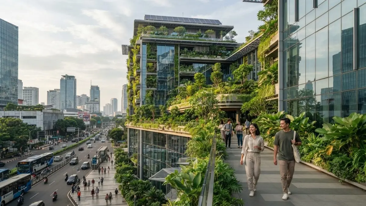 Gedung berkonsep arsitektur hijau dengan ruang terbuka hijau yang mendukung lingkungan berkelanjutan. (BTV/AI)