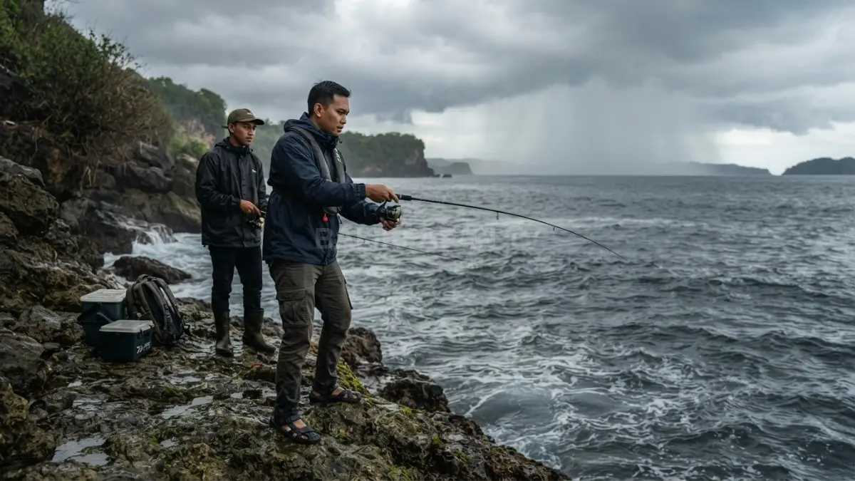 Gunakan alas kaki antiselip, waspadai cuaca buruk, dan utamakan keselamatan saat memancing di perairan. (BTV/AI)