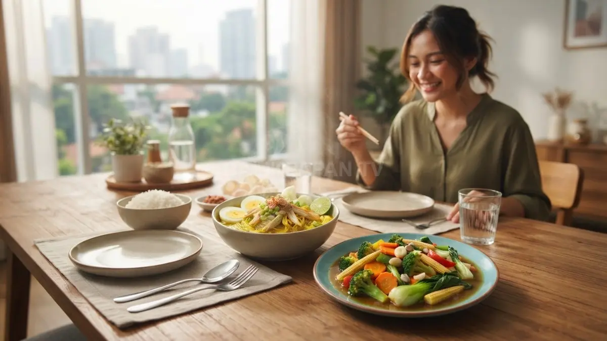 Hidangan tumis sayur dan sup ayam yang siap disajikan di meja makan. (BTV/AI)