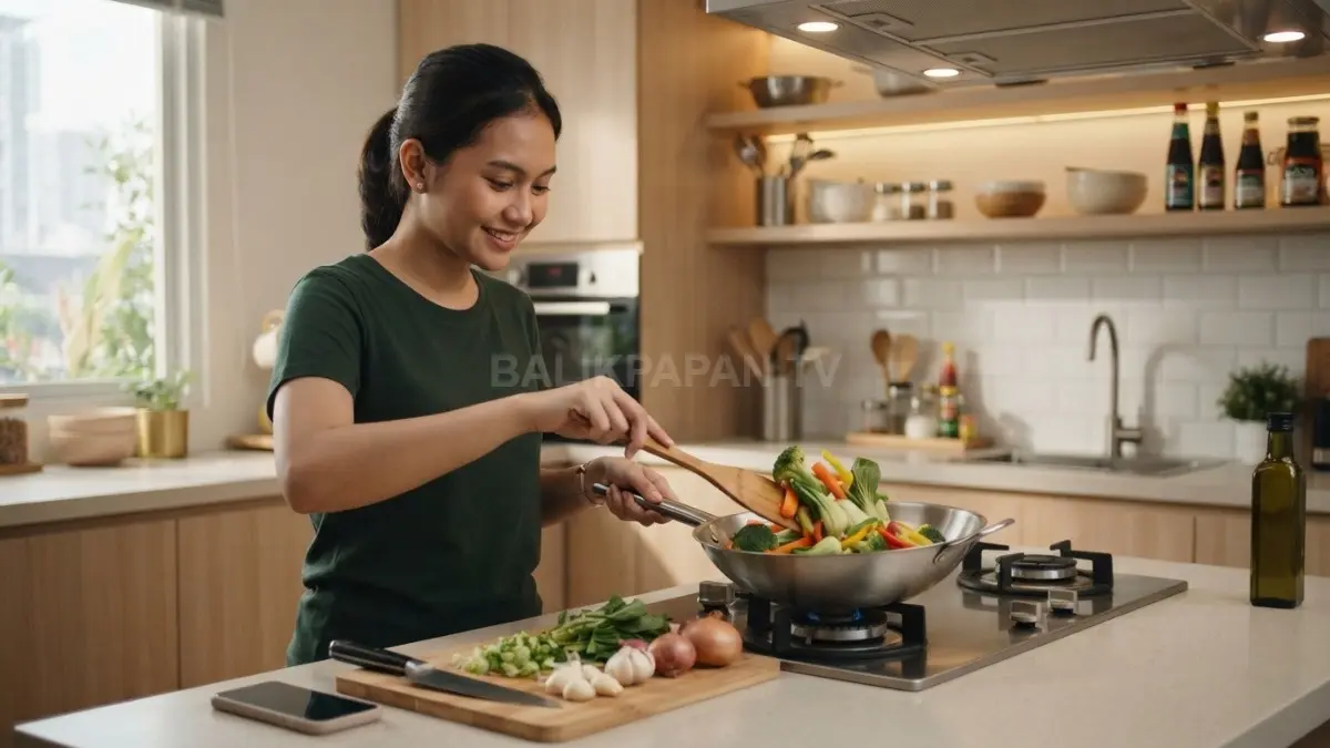 Ilustrasi seorang pemula sedang memasak sayuran di dapur yang bersih dan modern. (BTV/AI)