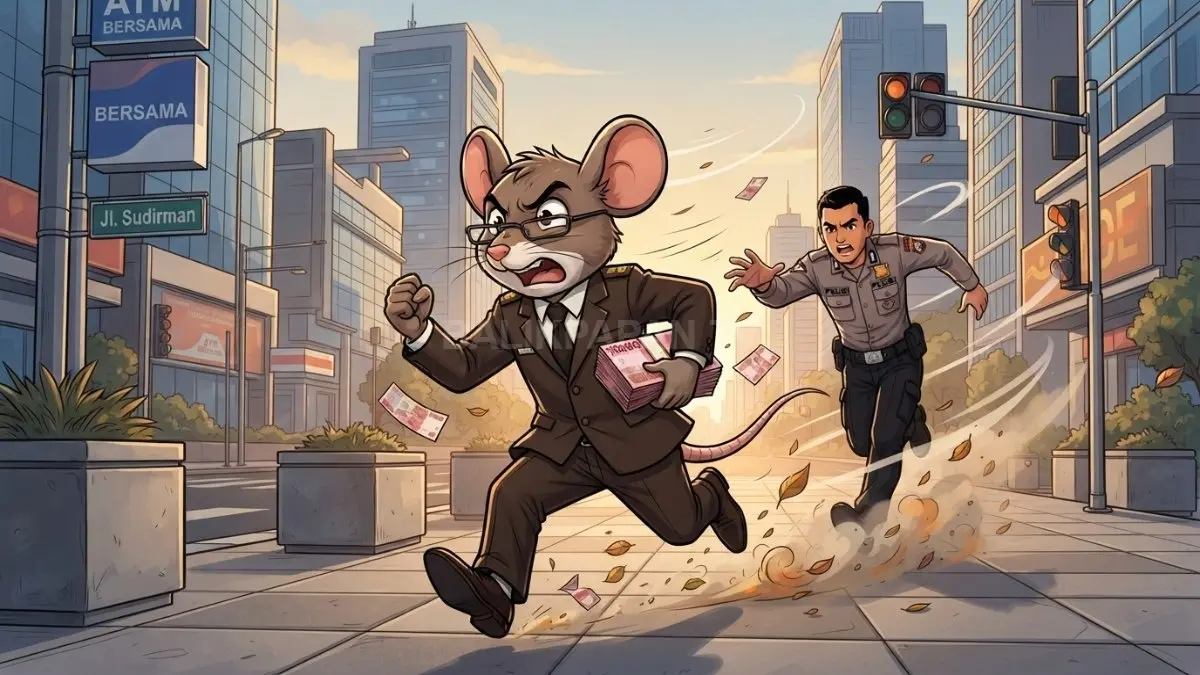 Ilustrasi tikus berseragam membawa kabur sejumlah uang, dikejar aparat penegak hukum di kawasan perkotaan (BTV/AI)