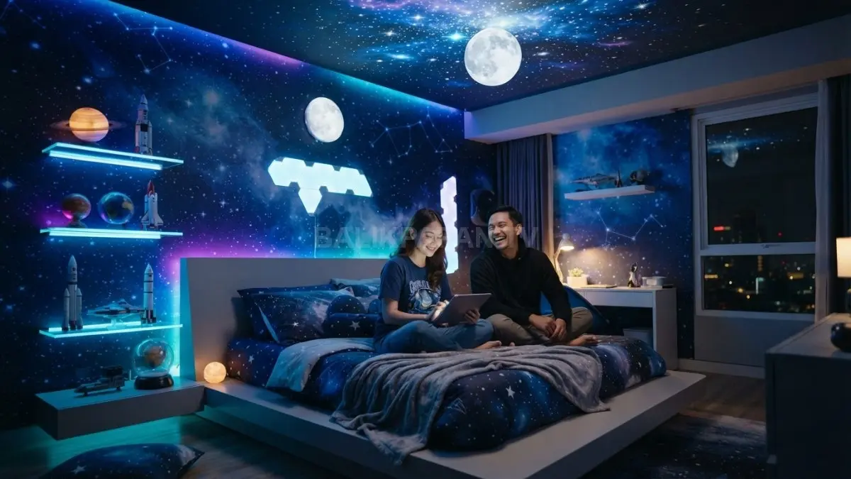 Inspirasi dekorasi kamar luar angkasa memadukan pencahayaan modern, warna kosmik, dan furnitur futuristis yang memukau bersama. (BTV/AI)
