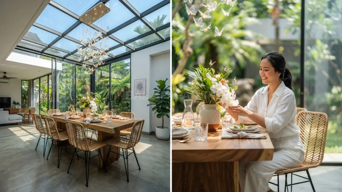 Inspirasi ruang makan rumah kaca memadukan plafon transparan, furnitur kayu, dan ornamen kupu-kupu yang anggun alami. (BTV/AI)