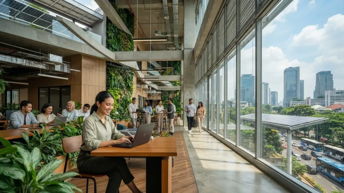 Interior gedung berkonsep hijau yang mengutamakan cahaya alami dan ruang kerja nyaman. (BTV/AI)