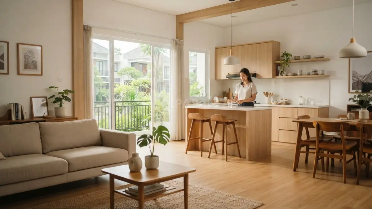 Interior rumah bergaya Japandi menghadirkan dominasi warna kayu dan putih yang hangat, nyaman, estetik (BTV/AI)
