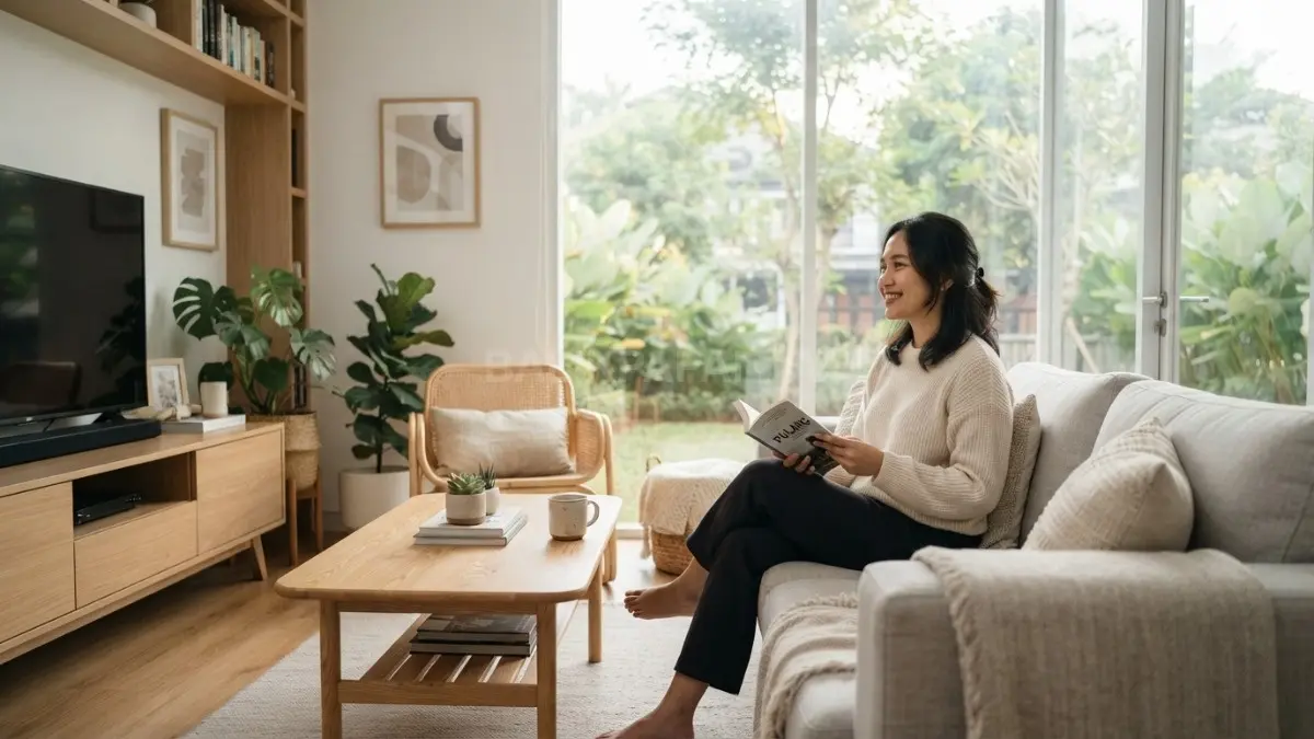 Interior rumah bergaya Scandinavian memadukan dekorasi kayu, warna netral, menciptakan suasana hangat, nyaman, modern, elegan (BTV/AI)
