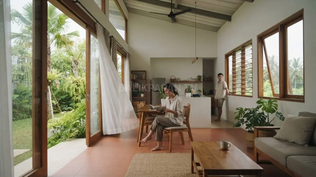 Interior rumah dengan ventilasi silang dan bukaan lebar yang memaksimalkan cahaya alami serta sirkulasi udara untuk hunian lebih nyaman dan hemat energi. (BTV/AI)