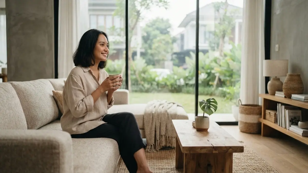 Interior rumah modern bernuansa netral dengan dekorasi tekstur alami, pencahayaan lembut, dan elemen suara menenangkan. (BTV/AI)