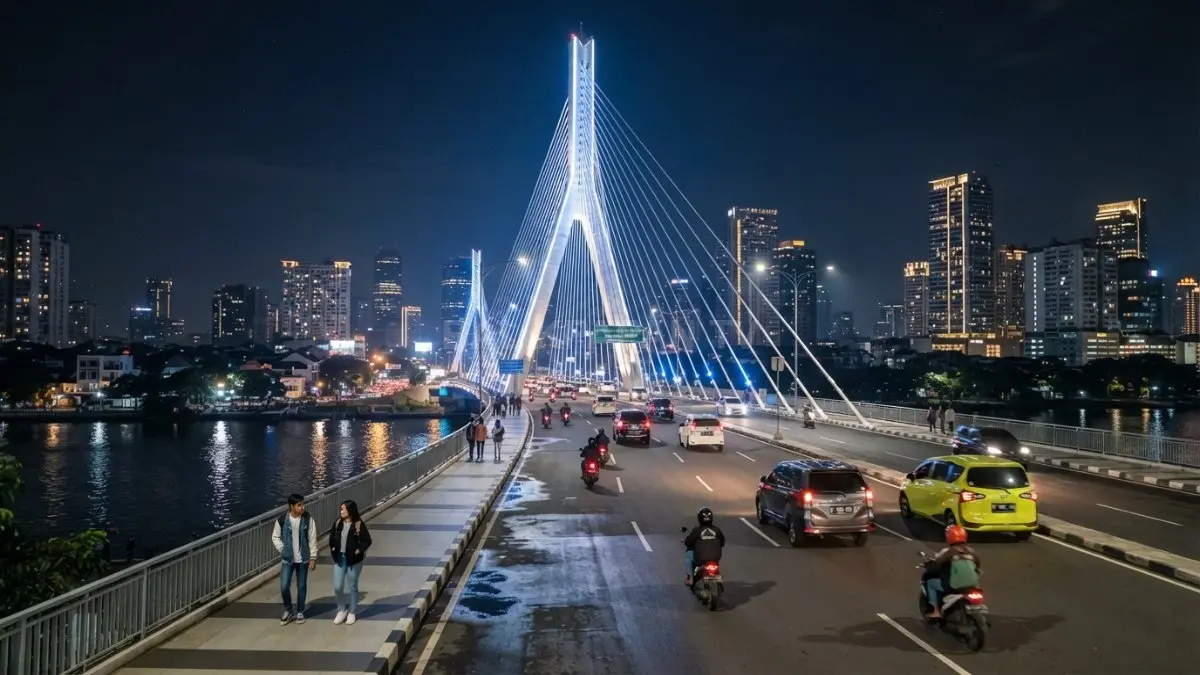 Jembatan cable stayed modern bercahaya malam mempercantik kawasan perkotaan sekaligus memperkuat identitas arsitektur kota. BTV.AI