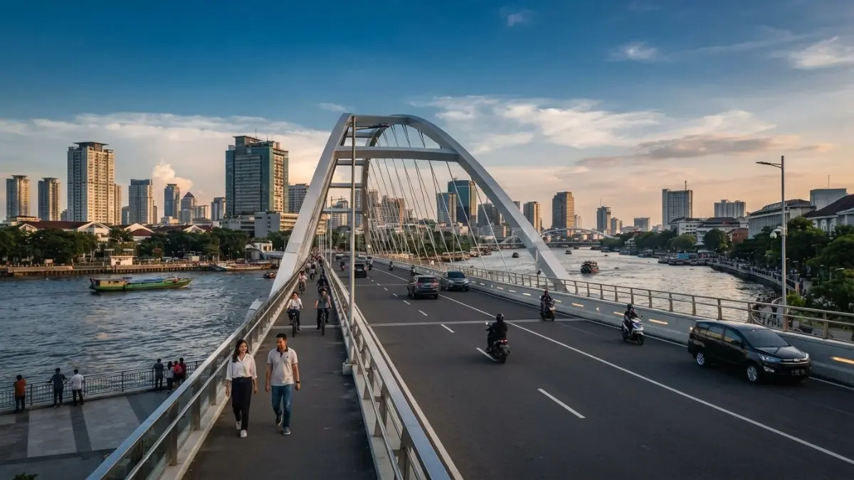 Jembatan lengkung baja melintasi sungai dengan desain minimalis, menghadirkan perpaduan kekuatan, estetika, modernitas, harmoni, keberlanjutan, fungsionalitas (BTV.AI)