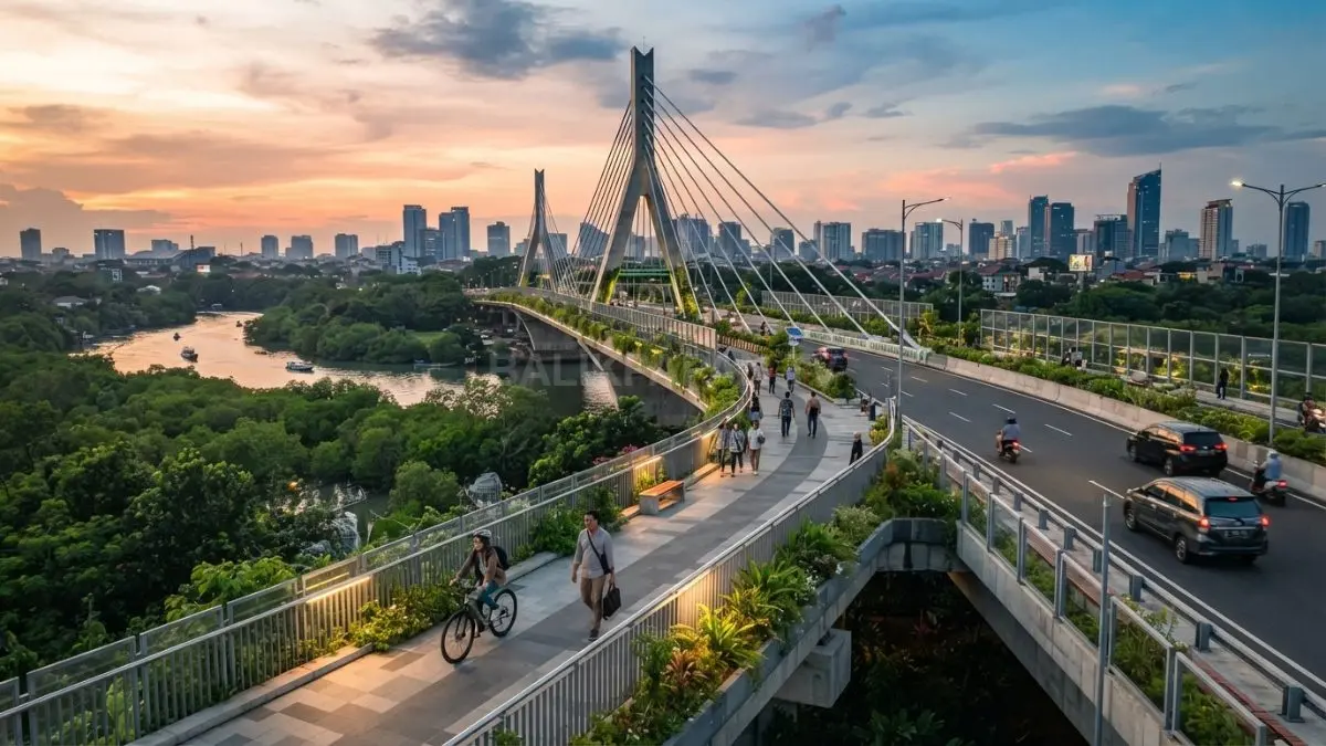 Jembatan modern dirancang menggunakan material efisien, hemat energi, dan ramah lingkungan untuk menjaga kelestarian ekosistem sekitar. (BTV/AI).