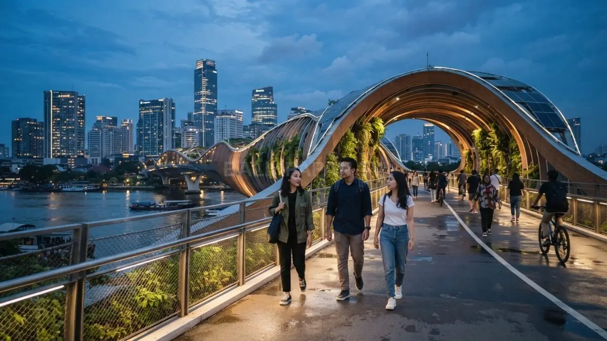 Jembatan pejalan kaki futuristik menggunakan kaca dan baja di taman kota menghadirkan estetika modern (BTV.AI)
