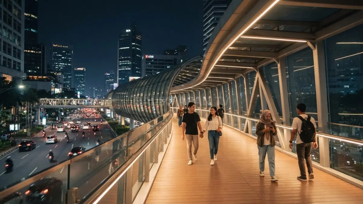 Jembatan pejalan kaki modern menghadirkan keamanan, kenyamanan, dan estetika sekaligus mempercantik ruang publik perkotaan berkelanjutan. (BTV.AI)