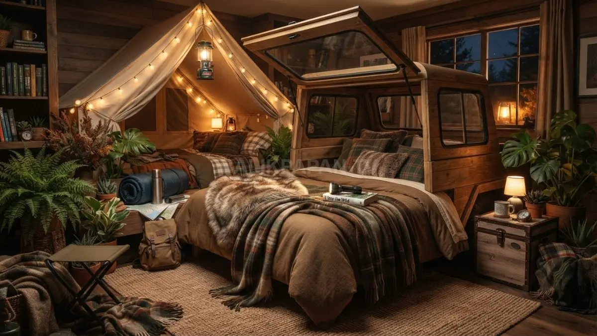 Kamar ala car camping menghadirkan suasana alam bebas dengan dekorasi tenda, kayu, dan lampu hangat (BTV/AI)
