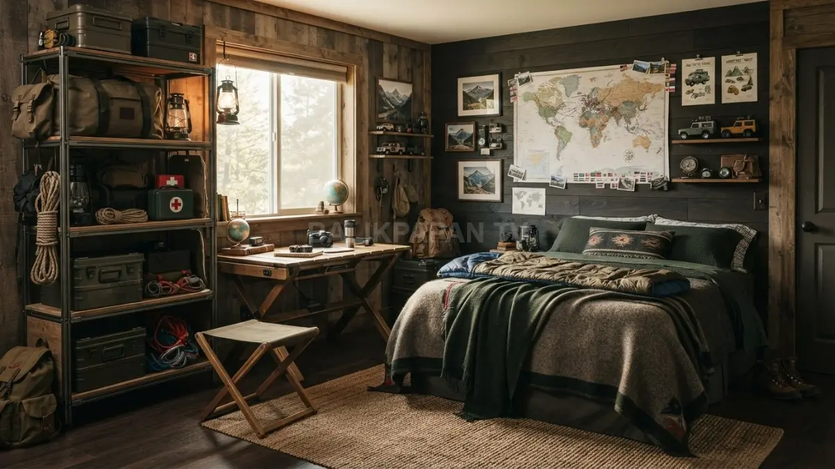 Kamar bergaya overland menghadirkan nuansa ekspedisi dengan dekorasi peta, kayu, dan perlengkapan camping modern. (BTV/AI)
