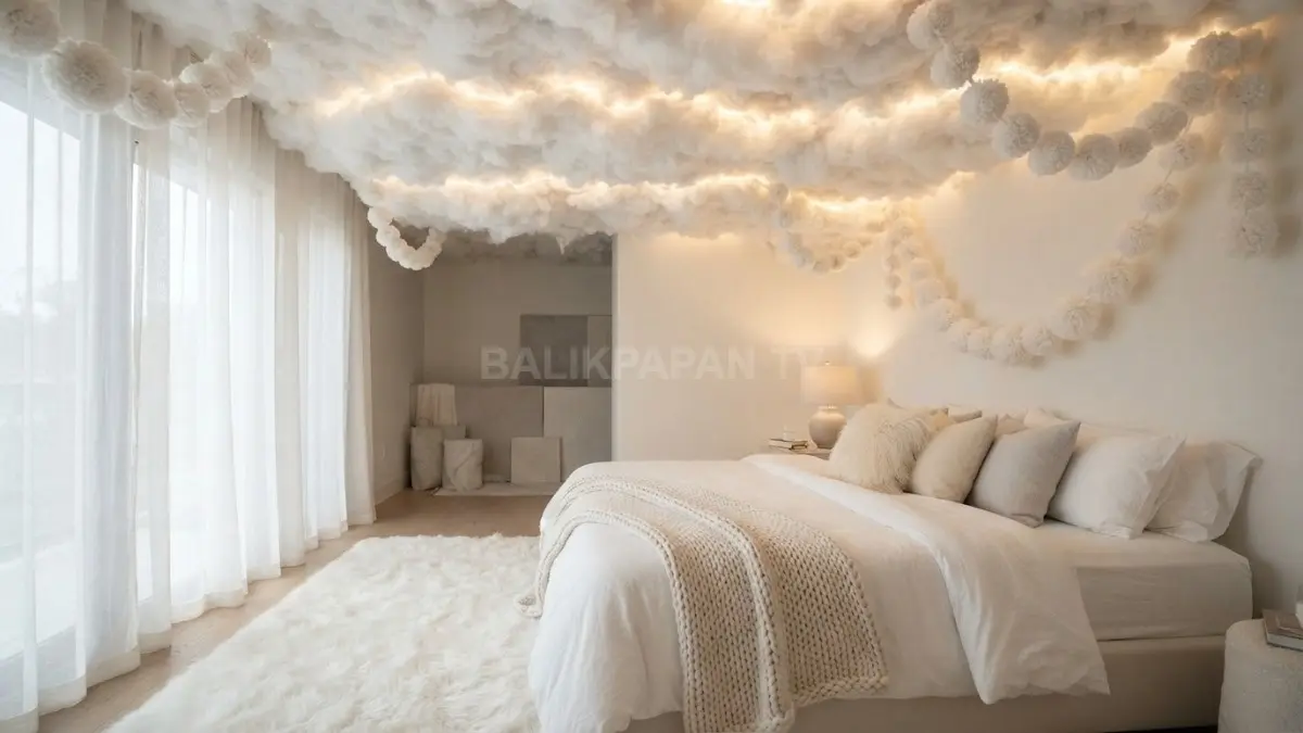Kamar bernuansa awan putih dengan pom-pom lembut menciptakan suasana tidur nyaman seperti berada di mimpi. (BTV/AI)
