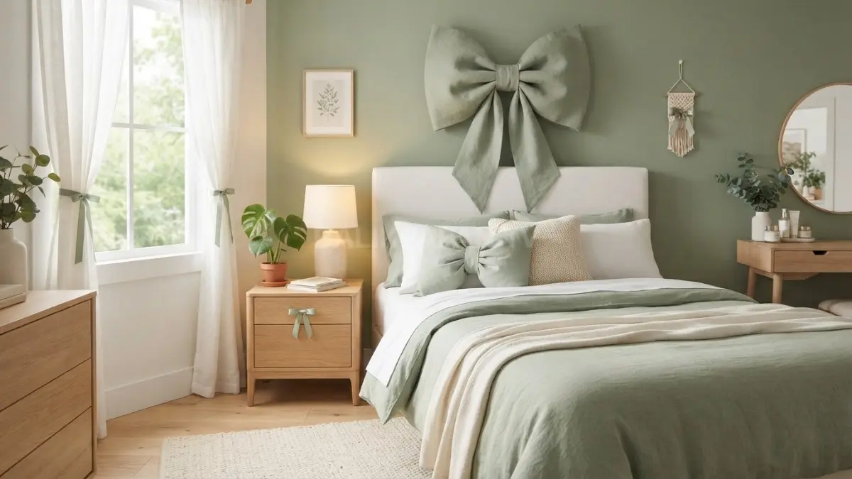 Kamar bernuansa sage green dengan pita elegan, furnitur kayu, dan dekorasi alami menciptakan suasana tenang (BTV/AI).
