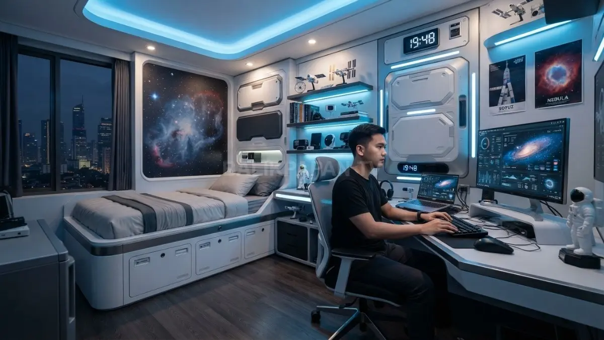Kamar bertema stasiun luar angkasa menghadirkan suasana futuristis, rapi, fungsional, dan nyaman untuk beristirahat setiap hari. (BTV/AI)