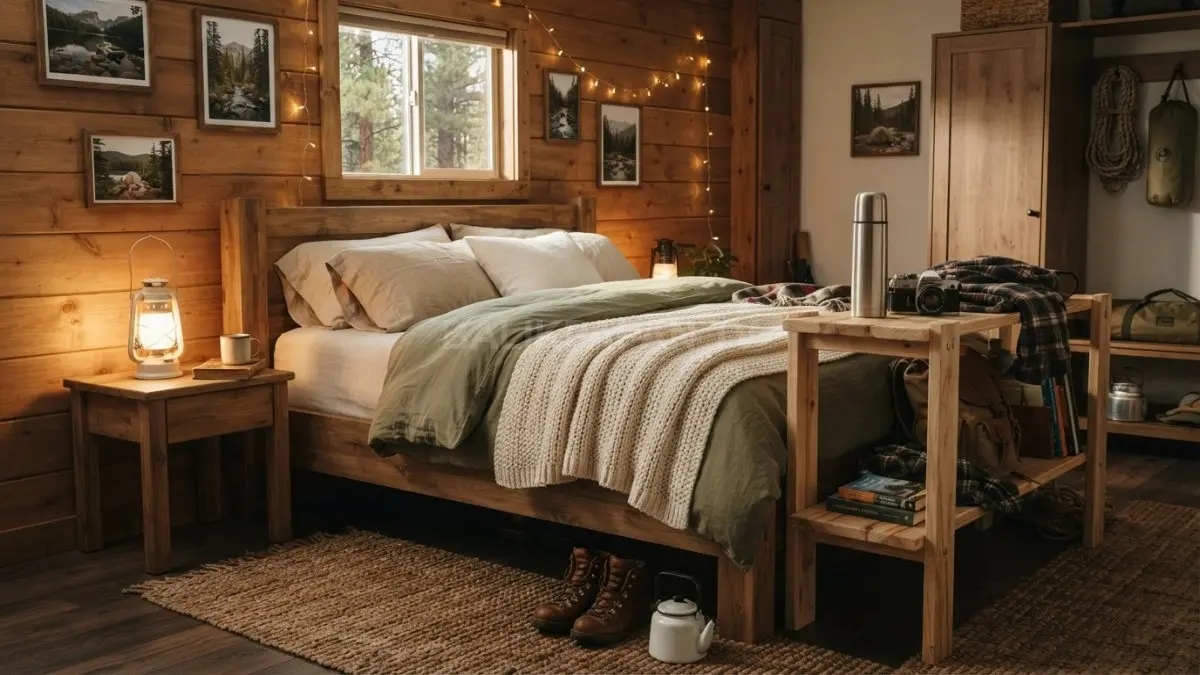 Kamar cabin camping bernuansa kayu hangat menghadirkan suasana alam nyaman dengan dekorasi petualangan modern (BTV/AI)
