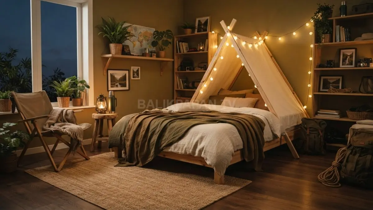 Kamar car camping bernuansa alam dengan dekorasi kayu, lampu hangat, tanaman, dan perlengkapan perjalanan nyaman (BTV/AI)

