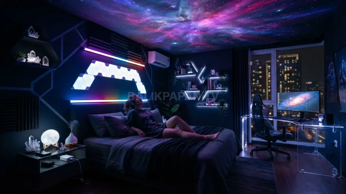 Kamar Cosmic Nebula menghadirkan perpaduan teknologi pencahayaan, warna kosmik, dan dekorasi futuristis yang memikat setiap malam. (BTV/AI)