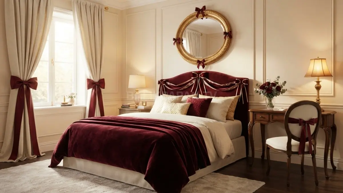 Kamar elegan bernuansa burgundy dengan dekorasi pita klasik, furnitur mewah, dan sentuhan emas hangat (BTV/AI)
