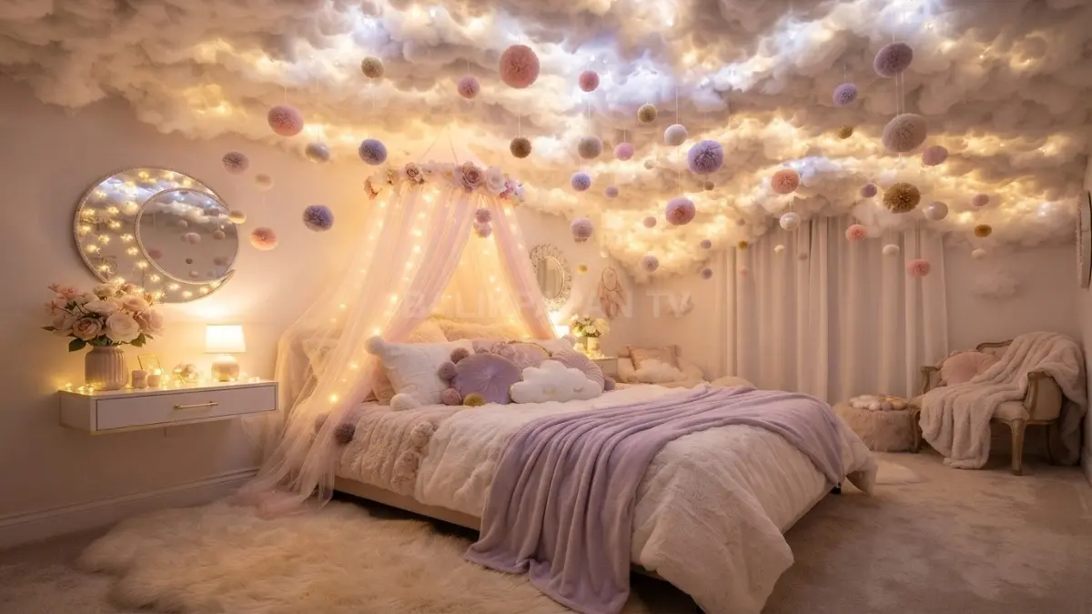 Kamar fairy cloud dengan pom-pom, kapas awan, dan cahaya lembut menghadirkan suasana negeri peri penuh imajinasi (BTV/AI)
