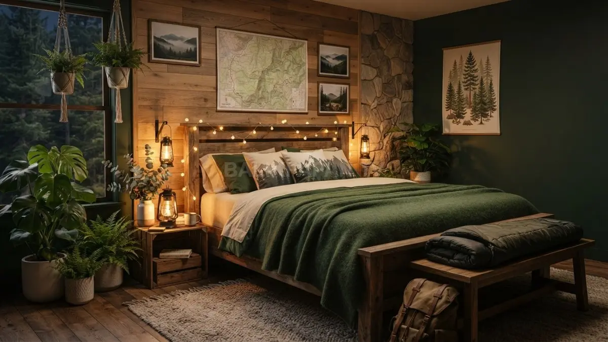 Kamar forest camping bernuansa hutan menghadirkan kayu, tanaman, dan pencahayaan hangat seperti alam bebas modern (BTV/AI)
