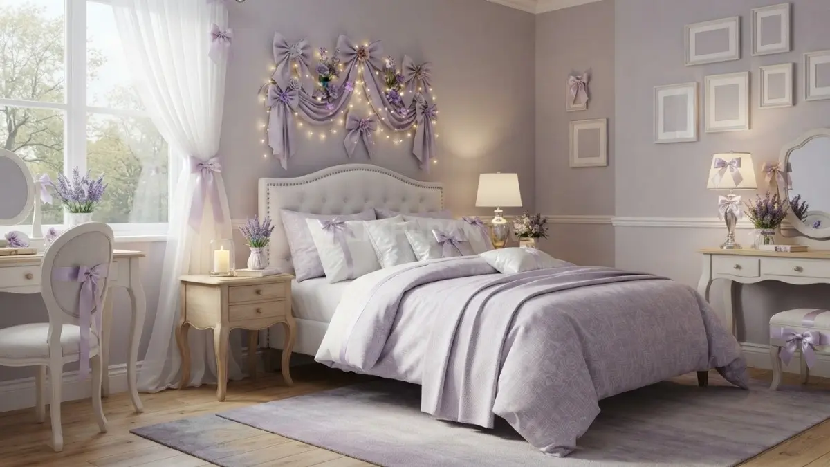 Kamar lavender dengan pita elegan menampilkan dekorasi lembut bernuansa klasik modern serta aksen ungu menawan (BTV/AI)

