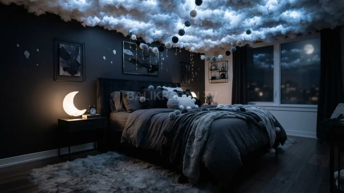 Kamar midnight cloud bernuansa gelap lembut dengan pom-pom dan busa kapas menciptakan suasana mimpi elegan (BTV/AI)
