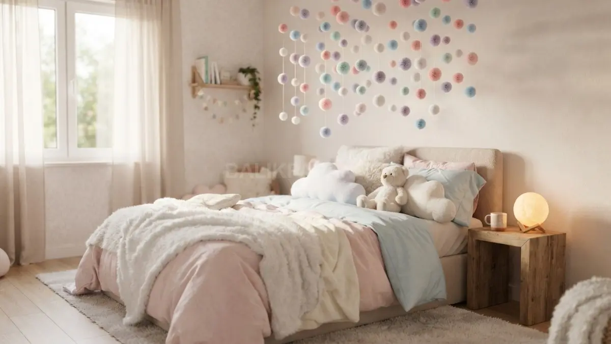 Kamar pastel dengan pom-pom melayang, dekor awan lembut, menghadirkan suasana dongeng penuh kehangatan (BTV/AI)
