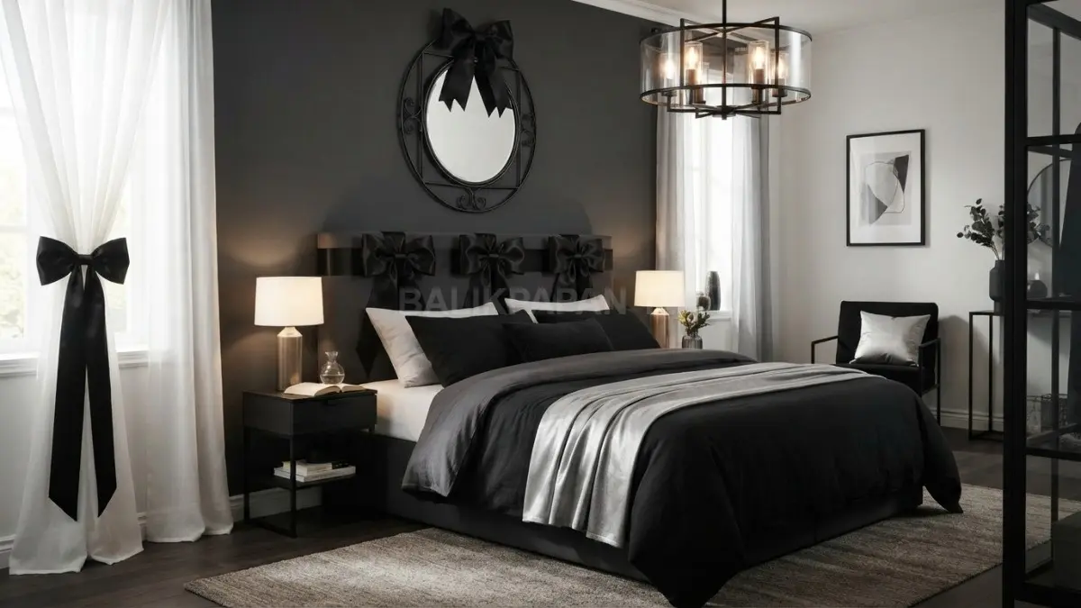 Kamar pita hitam elegan hadir dengan dekorasi dark aesthetic modern dan pencahayaan hangat penuh pesona (BTV/AI)
