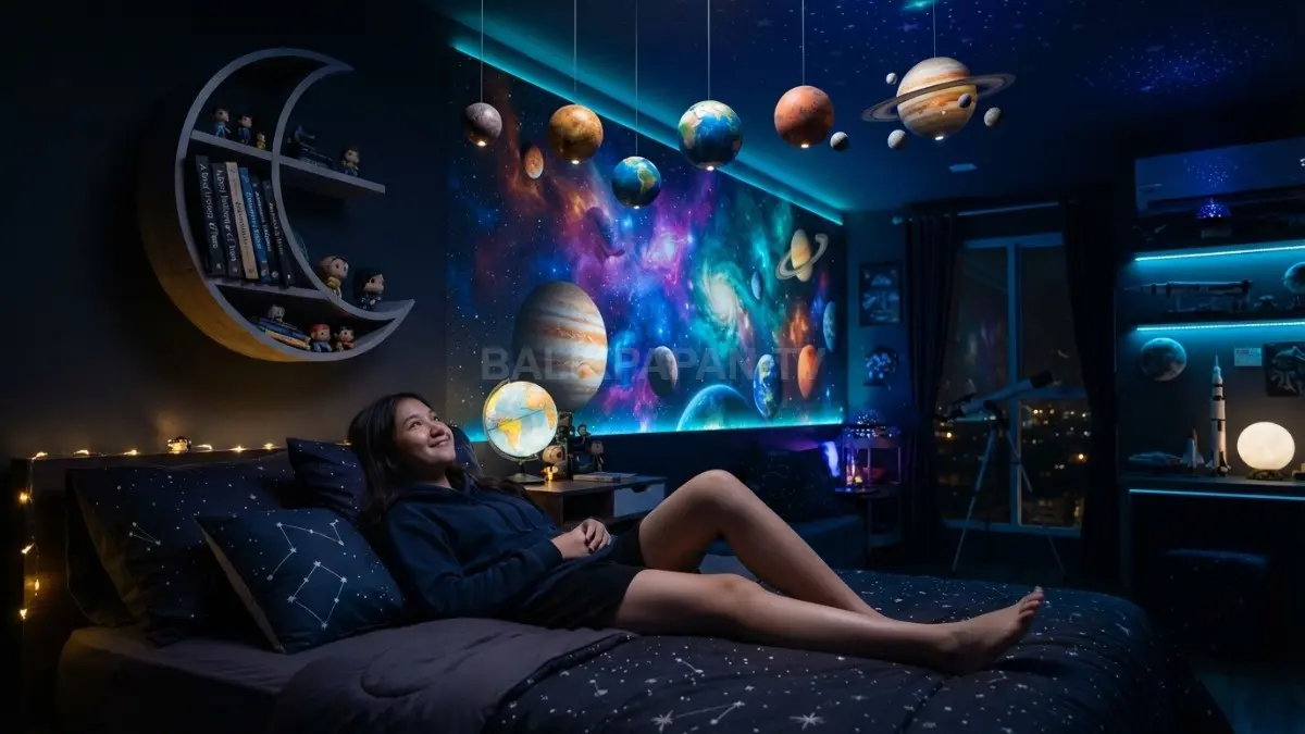 Kamar planet dan nebula memadukan estetika kosmik, kenyamanan, serta dekorasi edukatif untuk seluruh keluarga modern. (BTV/AI)