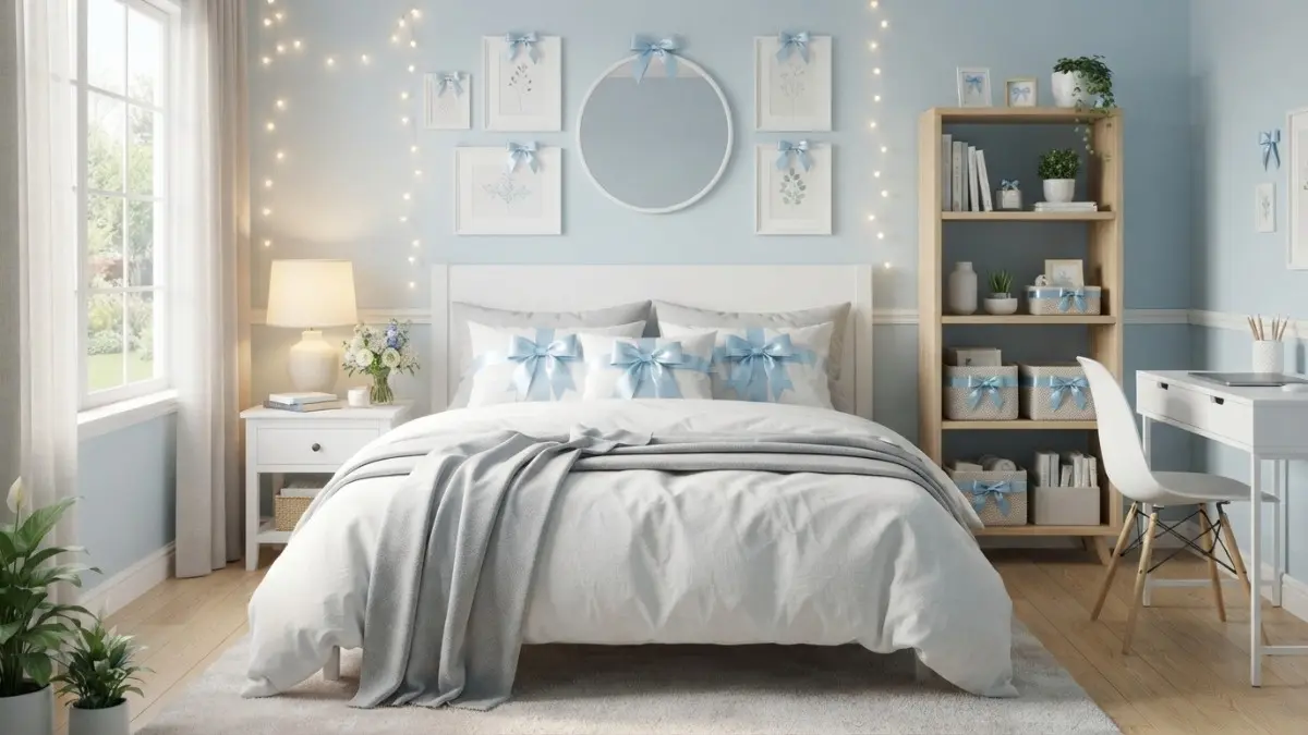 Kamar ribbon biru pastel menghadirkan nuansa lembut dengan dekorasi pita satin, furnitur putih, dan pencahayaan hangat (BTV/AI).
