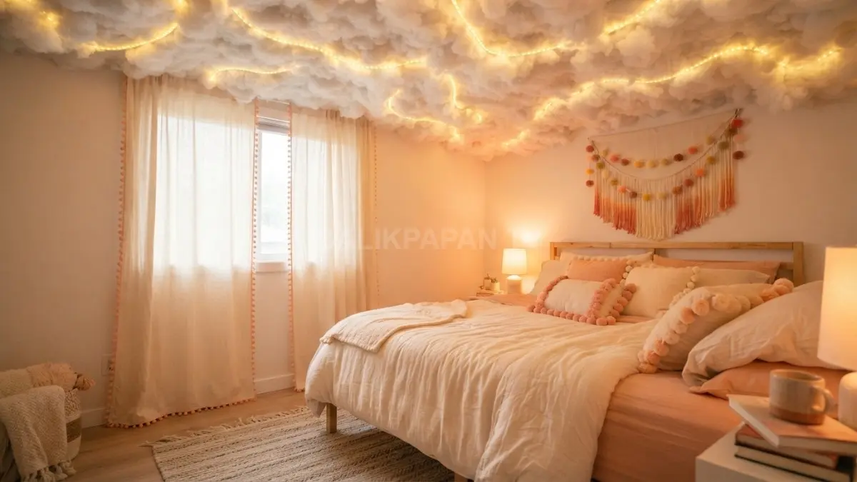 Kamar senja bernuansa kapas lembut dengan pom-pom pastel menghadirkan suasana tidur hangat seperti mimpi indah (BTV/AI)
