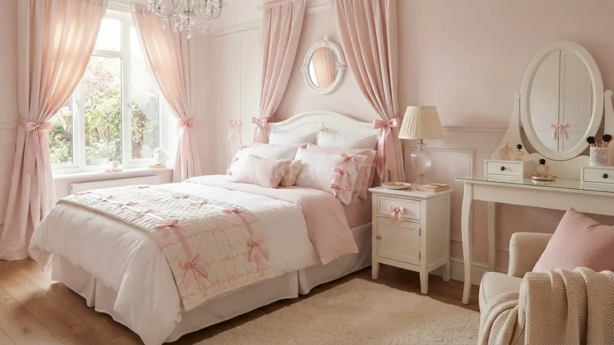 Kamar soft pink dengan pita satin elegan menghadirkan nuansa feminin, hangat, dan romantis estetik (BTV/AI)

