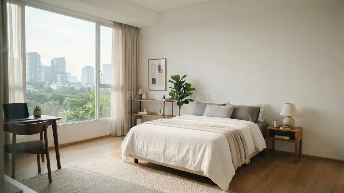 Kamar tamu minimalis didominasi warna putih dengan pencahayaan alami, menciptakan suasana nyaman, bersih, hangat, elegan, menenangkan. (BTV/AI)
