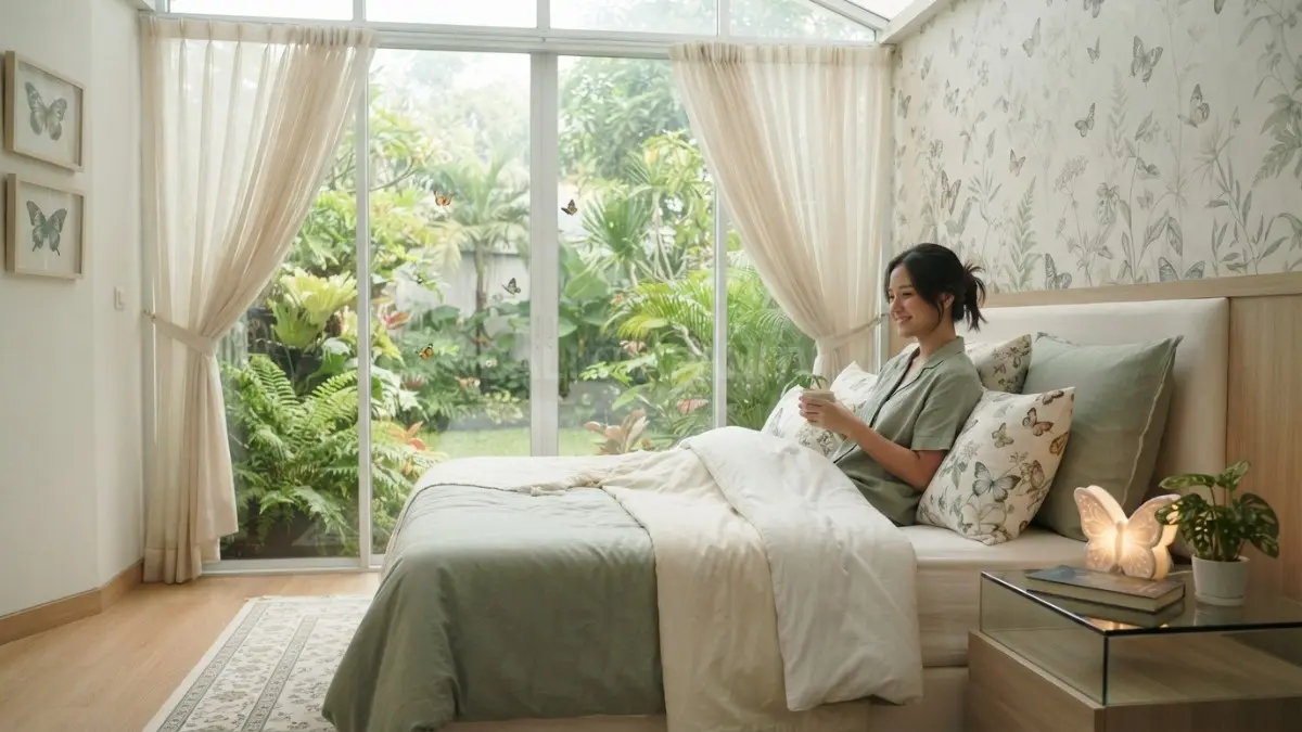 Kamar tidur bergaya rumah kaca menghadirkan nuansa kupu-kupu, sejuk, elegan, dan nyaman untuk beristirahat setiap hari. (BTV/AI)