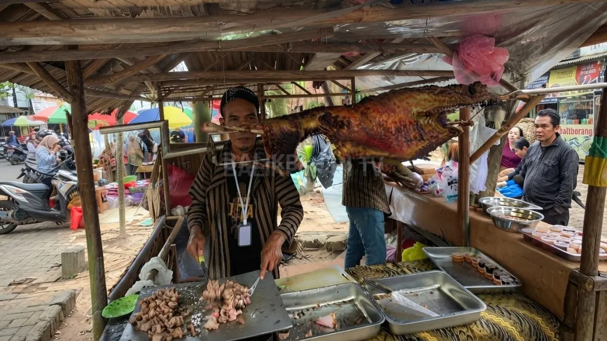 Kambing guling muda yang sedang disajikan sebagai kuliner UMKM di Pasar Pringgondani, Teritip, Balikpapan Timur, dengan suasana pasar wisata di sekitarnya. (BTV/AI)