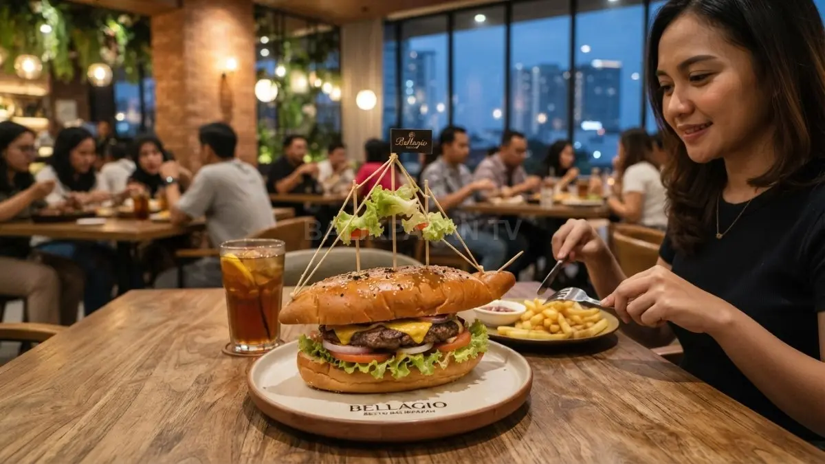 Kapali Burger dengan roti berbentuk kapal disajikan di Bellagio Resto Balikpapan. (BTV/AI)
